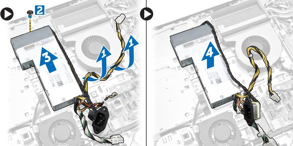 A tápegység beszerelése 1. Helyezze a tápegységet a számítógépre. 2. Húzza meg a csavarokat, amelyek a tápegységet a számítógépházhoz rögzítik. 3. A kábelt vezesse el a számítógépen lévő hurkokban. 4.