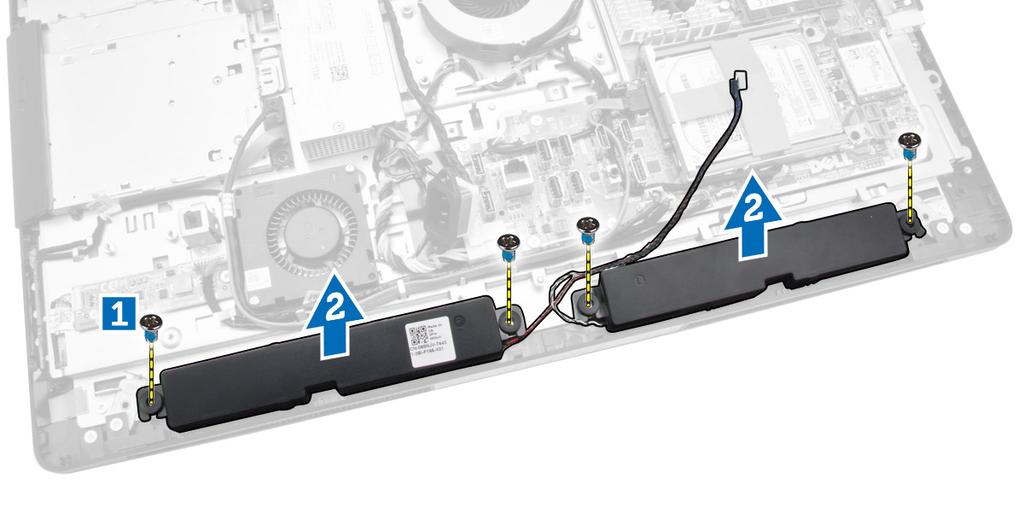 4. Távolítsa el a csavarokat, amelyek a hangszórókat a számítógépházhoz rögzítik. A hangszórókat emelje ki a számítógépből. A hangszórók beszerelése 1.