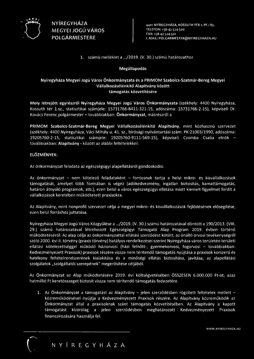 M EGYEI JOGÚ VÁROS 4401, KOSSUTH TÉR 1. PF.: 83. E-MAIL: POLGARM ESTER@NYIREGYHAZA.HU 1. számú melléklet a.../2019. {V. 30.