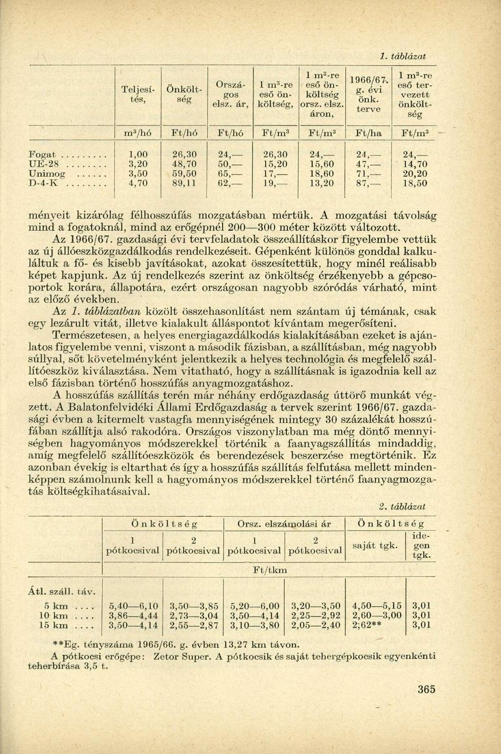 1. táblázat Teljesítés, Önköltség Országos elsz. ár, 1 m 3 -re eső önköltség, 1 m 3 -re eső önköltség orsz. elsz. áron, 1966/67. g. évi önk.