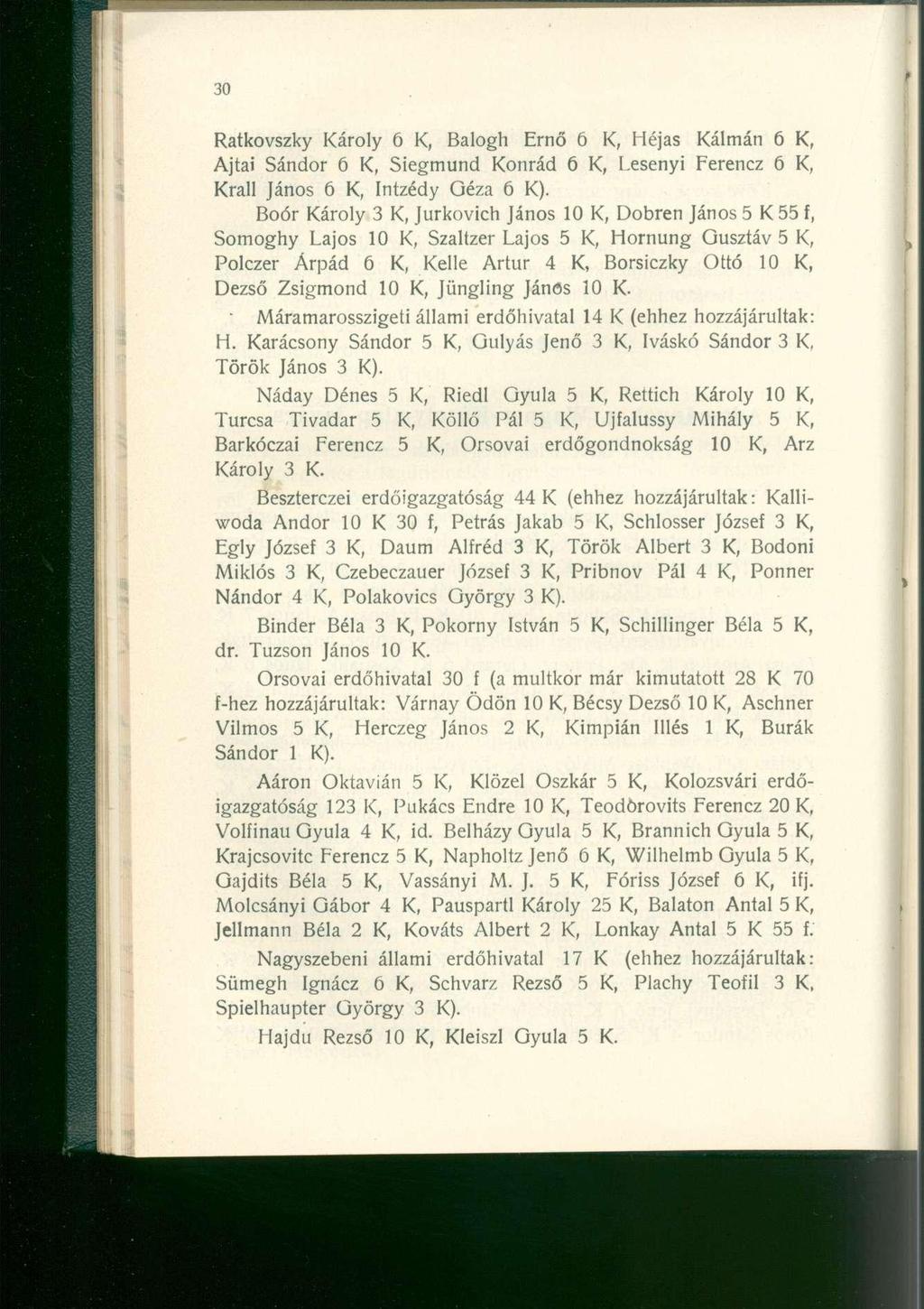 Ratkovszky Károly 6 K, Balogh Ernő 6 K, Héjas Kálmán 6 K, Ajtai Sándor 6 K, Siegmund Konrád 6 K, Lesenyi Ferencz 6 K, Krall János 6 K, Intzédy Géza 6 K).