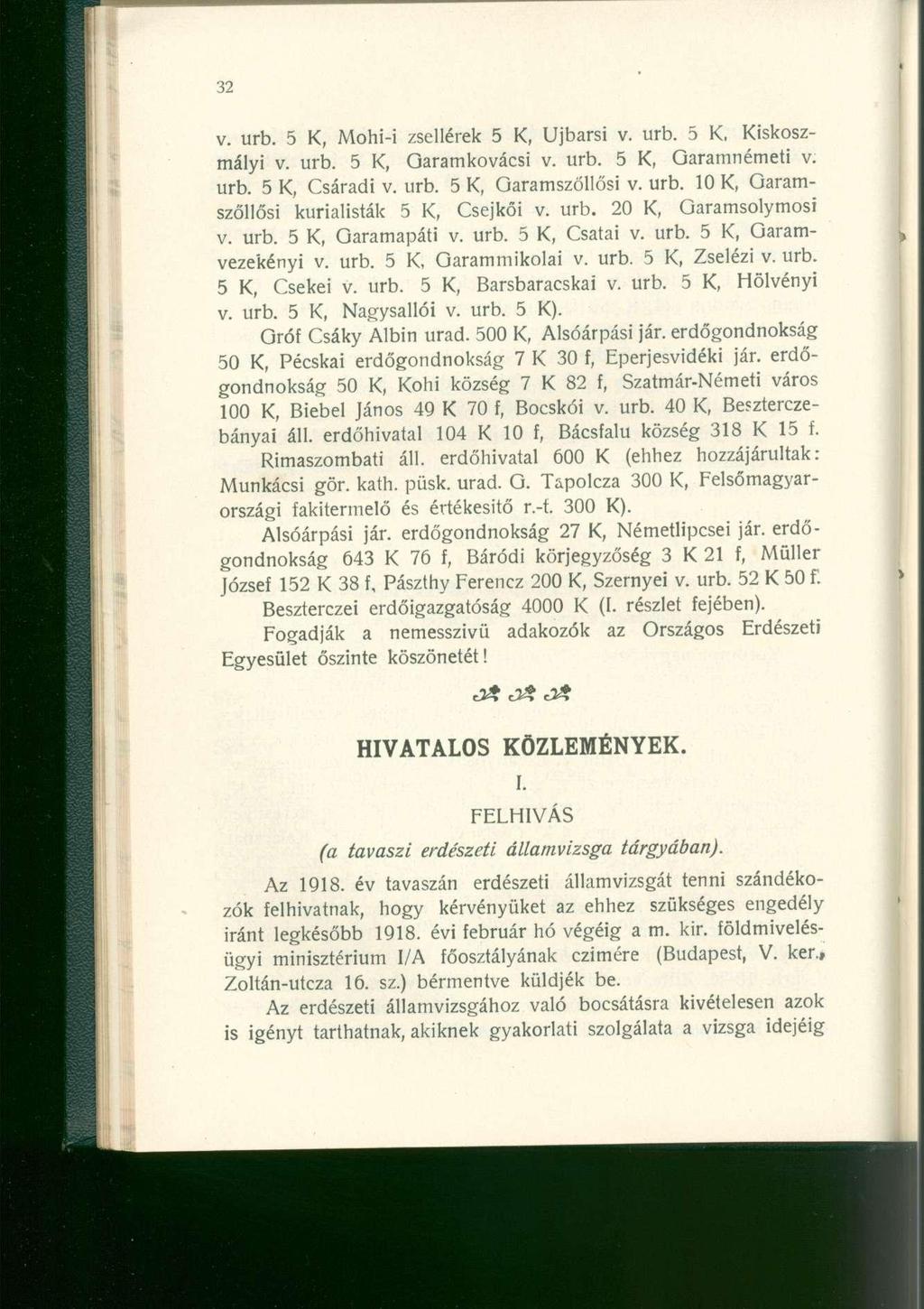 v. urb. 5 K, Mohi-i zsellérek 5 K, Ujbarsi v. urb. 5 K, Kiskoszmályi v. urb. 5 K, Qaramkovácsi v. urb. 5 K, Garamnémeti v. urb. 5 K, Csáradi v. urb. 5 K, Garamszőllősi v. urb. 10 K, Garamszőllősi kurialisták 5 K, Csejkői v.
