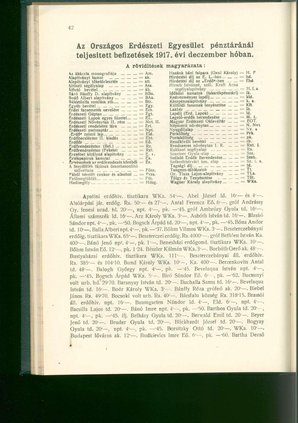 Az Országos Erdészeti Egyesület pénztáránál teljesített befizetések 1917. évi deczember hóban. A rövidítések magyarázata: kz ákáczfa monográfiája... = Am. Hazánk házi faipara (üaul Károly) = H.