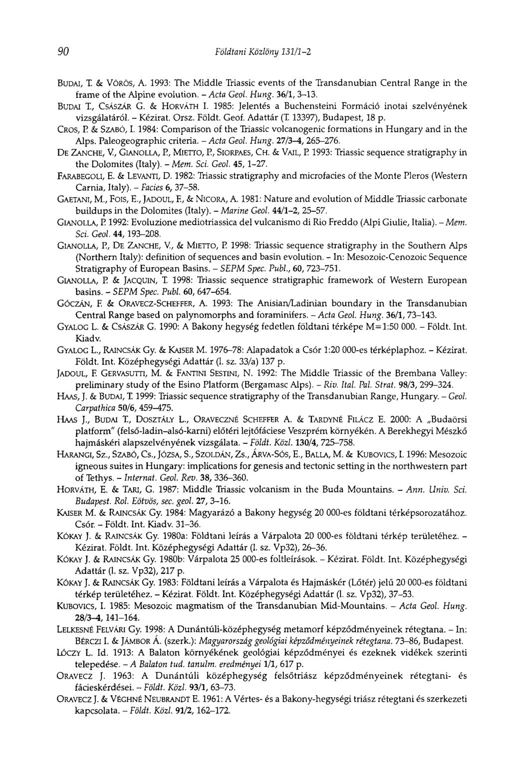 90 Földtani Közlöny 131/1-2 BUDAI, T. & VÖRÖS, A. 1993: The Middle Triassic events of the Transdanubian Central Range in the frame of the Alpine evolution. - Acta Geol. Hung. 36/1, 3-13. BUDAI T.