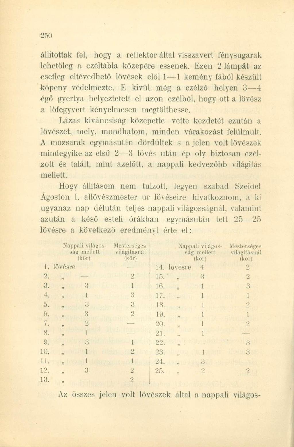 állítottak fel, hogy a reílektor által visszavert fénysugarak lehetőleg a czéltábla közepére essenek. Ezen 2 lámpát az esetleg eltévedhető lövések elöl 1 1 kemény fából készült köpeny védelmezte.