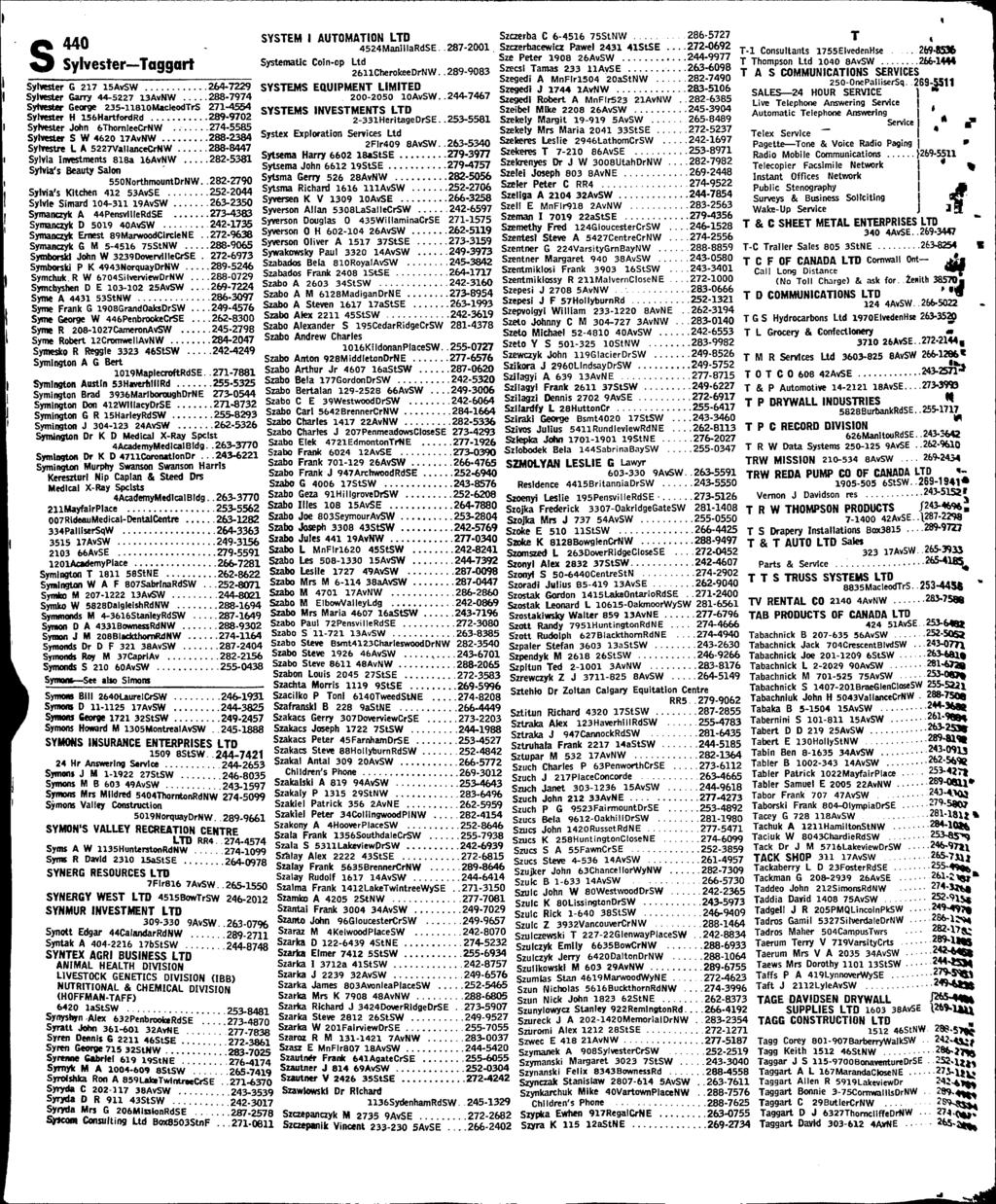 440 Sylvester Taggart SYSTEM I AUTOMATION LTD 4524ManillaRdSE Systematic Coin-op Ltd 26llCiierokeeDrNW SyWester G 217 isavsw 264-7229 SYSTEMS EQUIPMENT LIMITED Sylvester Garry 44-5227 i3avnw 288-7974