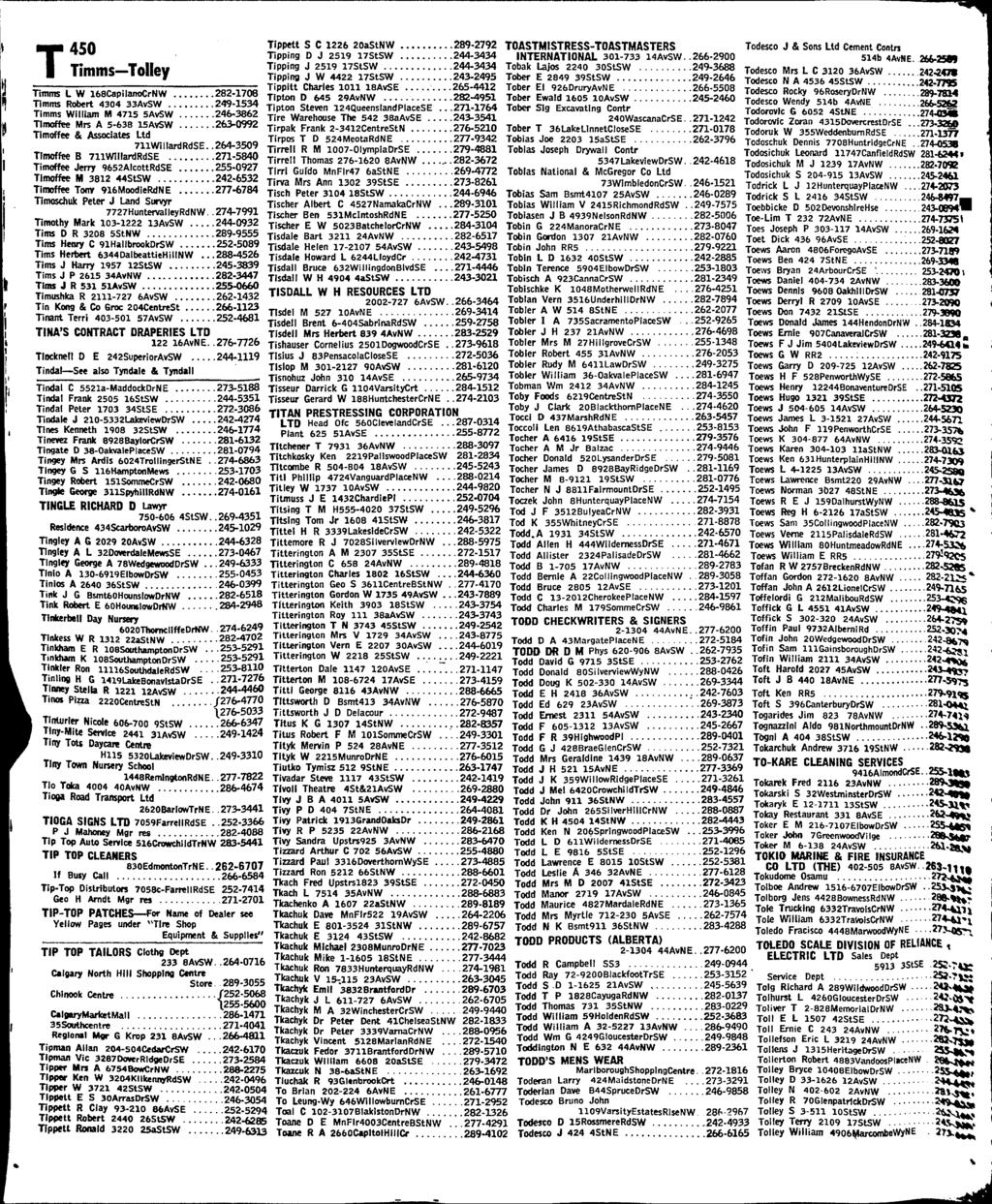 T450 TImms Tolley Timms L W l68capilanocrnw 282-1708 Tlmms Robert 4304 33AvSW 249-1534 Timms William M 4715 5AvSW 246-3862 Timoffee Mrs A 5-638 isavsw 263-0992 Timoffee & Associates Ltd