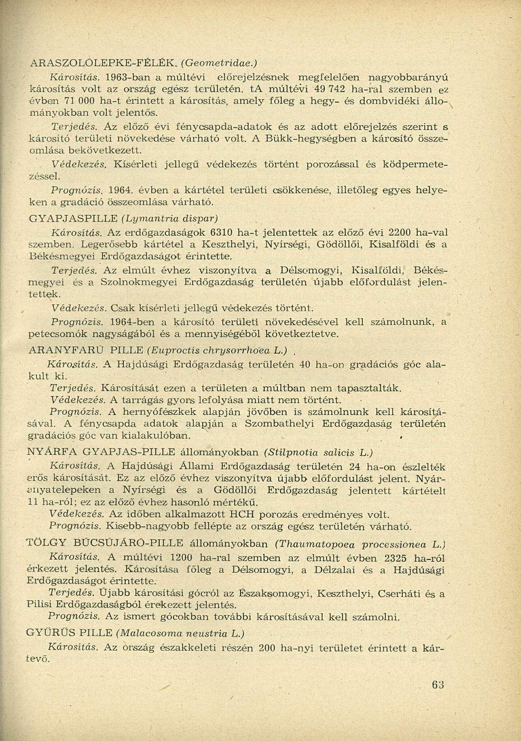 ARASZOLÓLEPKE-FÉLÉK. (Geometridae.) Károsítás. 1963-ban a múltévi előrejelzésnek megfelelően nagyobbarányú károsítás volt az ország egész területén.