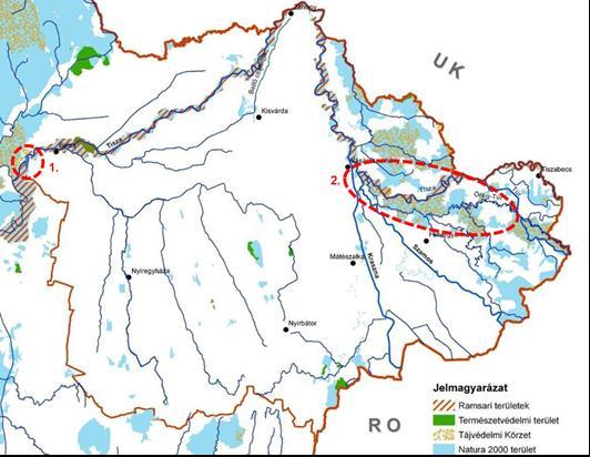 AMBRUSZ LÁSZLÓ 1. ábra. Számos védett természeti érték a vizekhez kötődik a Felső-Tisza-vidéken (kiemelve: 1. Nagy-morotva, 2. Öreg-Túr).