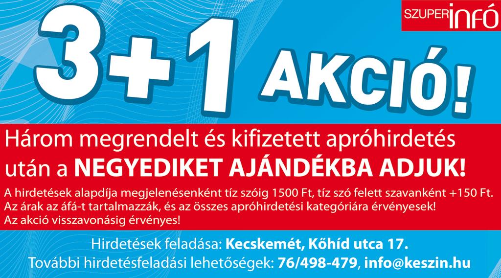 ár: 24 MFt +36 30 576 9476 I N G A T L A N ELADÓ családi ház + péküzem Kiskunfélegyházán. Telek méret: 560 m2. Alkalmas üzleti célú felhasználásra. Irányár: 29,9M Ft. Tel.: +36 70 600 1101 KECSKEMÉTEN, Lánchíd utcában két szobás, 55 m2- es, II.