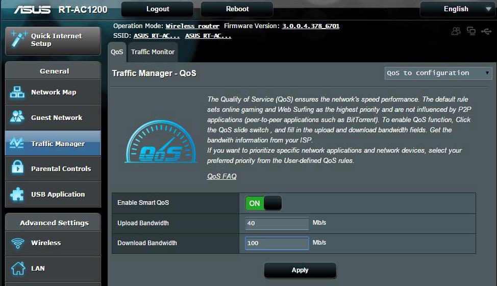 3.3 A Traffic Manager (Forgalomkezelő) használata 3.3.1 QoS (Szolgáltatási minőség) sávszélesség kezelése A Quality of Service (QoS Szolgáltatási minőség) lehetővé teszi a sávszélesség elsőbbségének beállítását és a hálózati forgalom szabályozását.