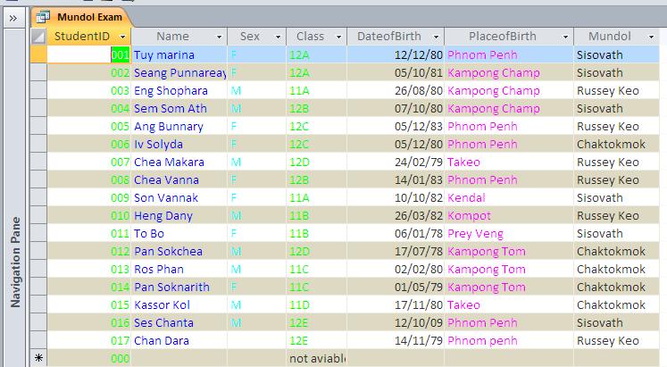 EX: begáit (Query) Edlmank,al Field ducxagerkamehiyerciserisyk k,al Field tamry³tinñn½yykecj mkbi Table Student list. Table kat;ykrtwm (Class) ehiyrtuvvaybenßmnuv (Mondul) myyetot.