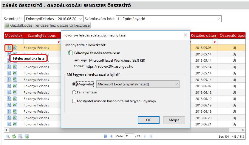 Tételes számfejtés export Az Összesítők/Zárás összesítő menüben található Gazdálkodási rendszer összesítő tábla Műveletek oszlopában új ikonként jelenik meg a Tételes analitika lista, amely a