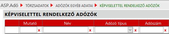 Új tábla Képviselettel rendelkező adózók Új, képviseletre vonatkozó tábla érhető el a Törzsadatok/Adózók egyéb adatai menüben: A tábla képviselőnként