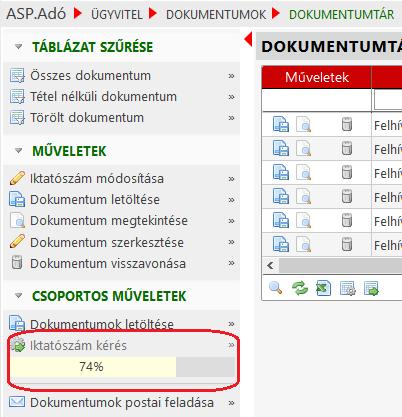 Folyamatjelző beépítése a Dokumentumtárból indított iktatószámkérés, a gépjárműadó automatikus adóztatás és