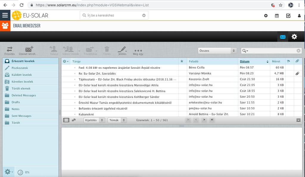 A bejelentkezéshez is használt név lesz az e-mail-címünk. Pl.: gipszjakab@eu-solar.hu Az üzenet létrehozása gombra kattintva új e-mailt írhatunk.