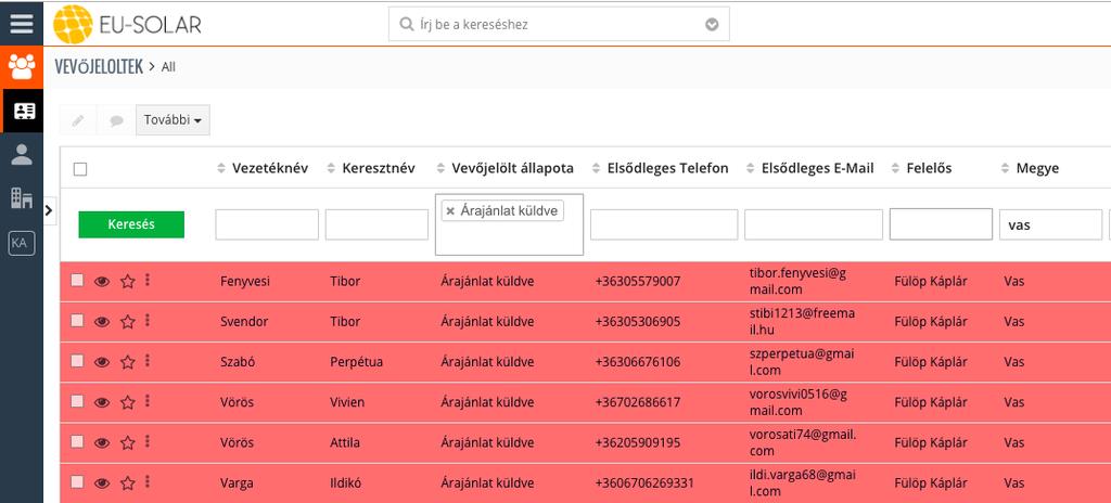 A vevőjelölt állapota alatt található mezőbe beírjuk az adott állapotot (pl. Árajánlat küldve) és rákattintunk a sor elején található Keresés gombra.