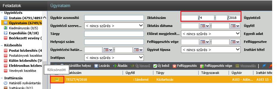 a rendszer külön ikonnal látja el a kölcsönzött iratokat: még nem kerültek selejtezésre / levéltárba adásra!