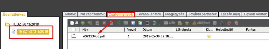 A PDF állomány feltöltését követően az automatizált feldolgozás után az iktatott irat csa-tolmányaként megjelenik a vonalkóddal azonos elnevezésű melléklet az ügyirattérkép Csatolmányok lapfülön.