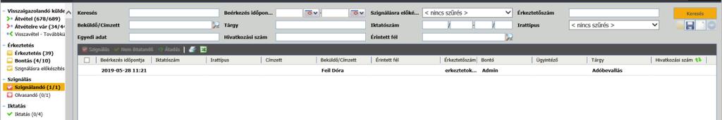Bejövő email szignálása A bejövő email megnyitását után kattintsunk az iktatás ikonra, majd az iktatás típusa a Szignálás