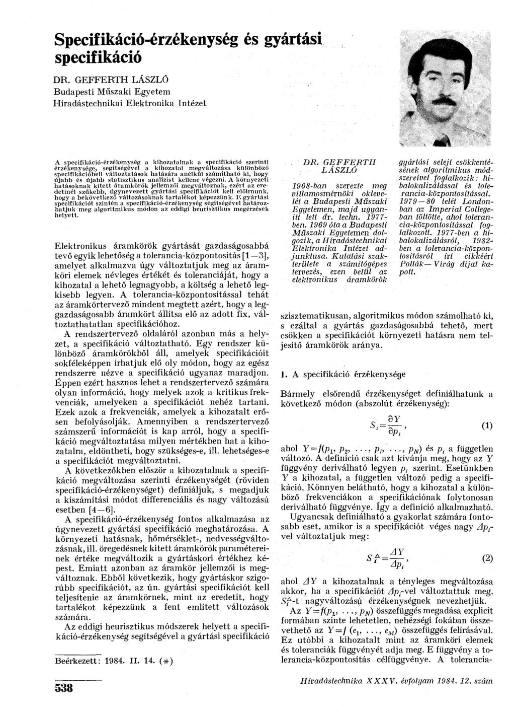 Specifikáció-érzékenység és gyártási specifikáció DR.