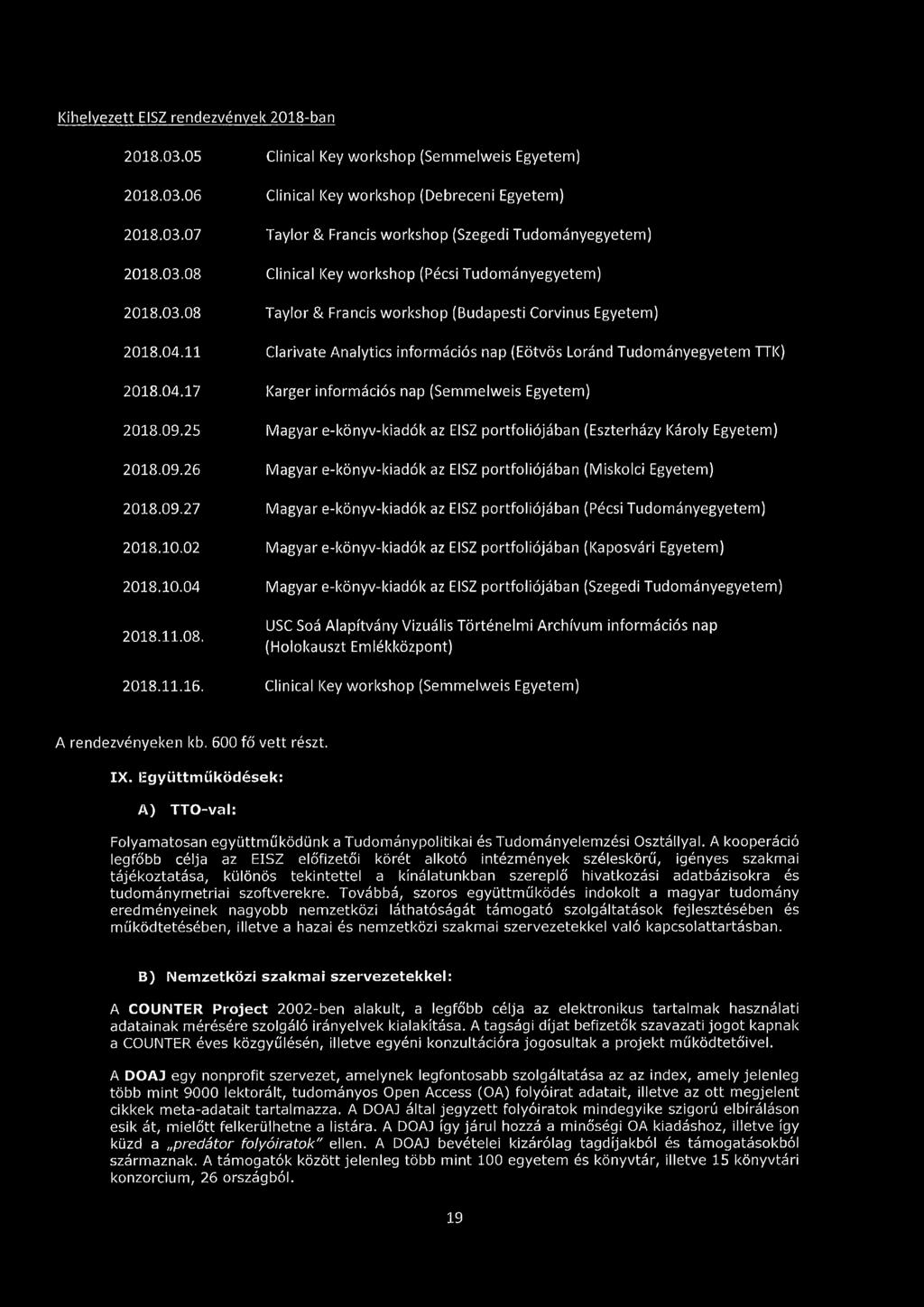 11 Clarivate Analytics inform ációs nap (Eötvös Loránd Tudományegyetem TTK) 2018.04.17 Karger inform ációs nap (Semmelweis Egyetem) 2018.09.