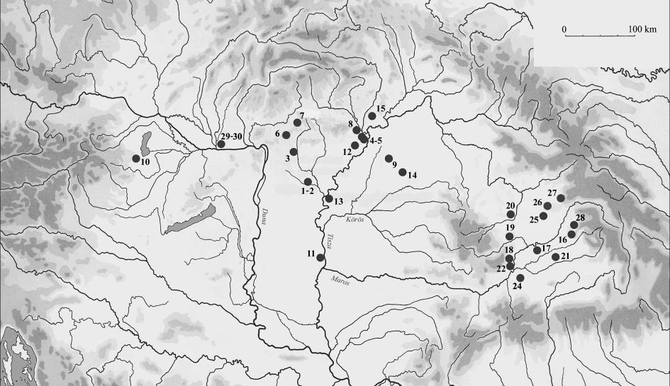 SZKÍTA KORI TÜKRÖK A KÁRPÁT-MEDENCÉBEN 1. kép. Szkíta kori tükrök elterjedése a Kárpát medencében: 1 2. Tápiószele; 3. Hatvan Boldog; 4. Hajőszalonta Temetősor dűlő; 5. Muhi Kocsmadomb; 6.