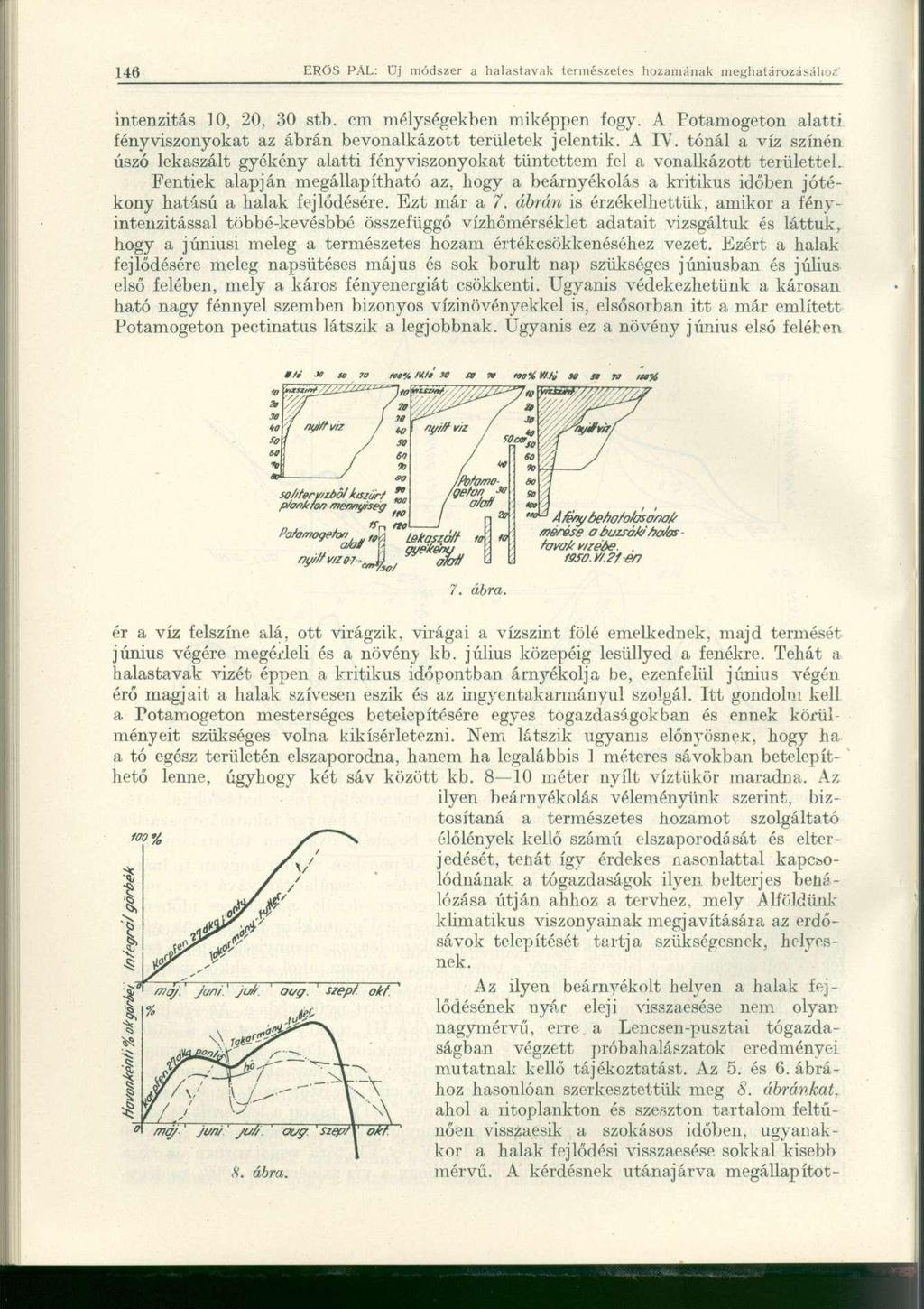 intenzitás 10, 20, 30 stb. cm mélységekben miképpen fogy. A Potamogeton alatti fényviszonyokat az ábrán bevonalkázott területek jelentik. A IV.