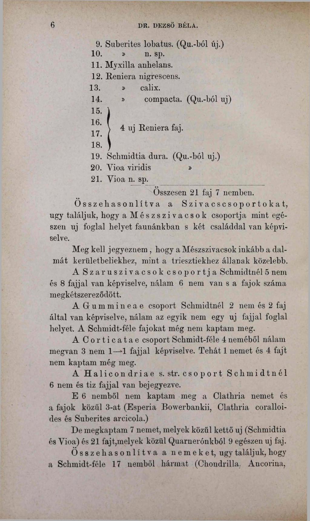 6 DR. DEZSŐ BÉLA. 9. Suberites lobatus. (Qu.-ból új.) 10.» n. sp. 11. Myxilla anbelans. 12. Reniera nigrescens. 13.» calix. 14.» compacta. (Qu.-ból uj) 15. j 17 / ^ -^eu*era ^ah 18. ) 19.