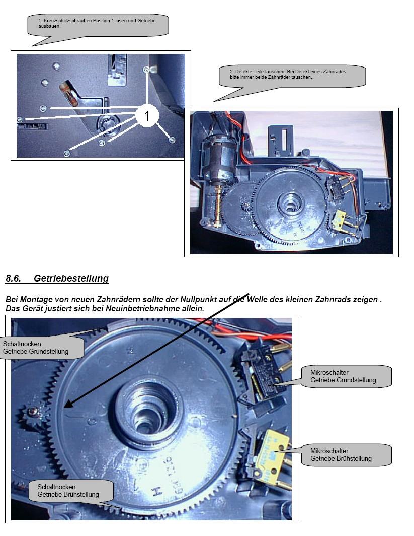Open the marked screws and remove the gearbox on the opposite side of the machine. Replace the defective gear wheels and, if necessary, the micro switches. Please, always replace both gear wheels.