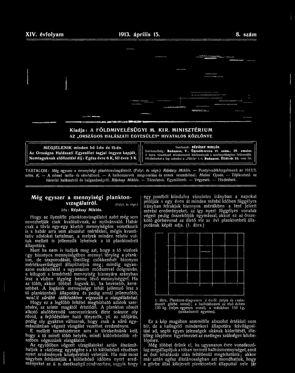 T A R T A L O M : Még egyszer a mennyiségi planktonvizsgálatról. (Folyt, és vége.) Répássy M iklós. Ppntyivadékforgalmunk az 1912/3. telén. K- A német tarifa- és vám háború.