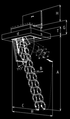 végétől mért maximális távolsága a lehúzás fázisában B - lépcsőfok szélessége H - felnyitott fedél magassága G - összecsukott rendszer magassága 515/615 mm T - fődémszerkezet vastagsága A táblázatban