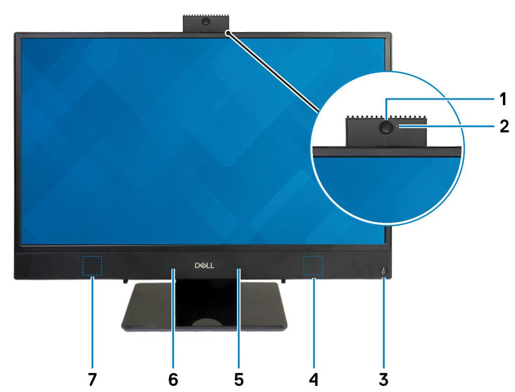 Az Inspiron 22-3280 különböző nézetei 3 Elöl 1 Visszahúzható kamera Lehetővé teszi a videobeszélgetést, fényképek készítését és videók rögzítését. A magánélet védelme érdekében a kamera visszahúzható.