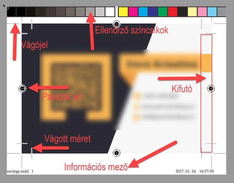 Az elkészült nyomdakész pdf fájlban ott van a névjegy mind a két oldala, és a szükséges jelölők. Én most mindegyiket bekapcsoltam, hogy lásd, melyik mi.