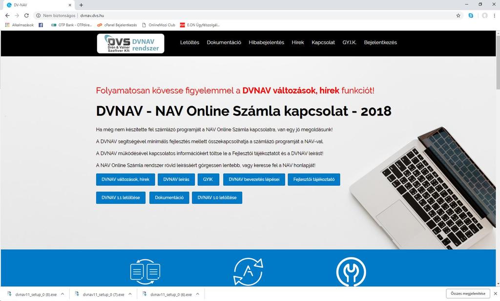 DVNAV program letöltése A DVNAV program telepítője letölthető a Drén & Valner Szoftver Kft. www.dvnav.dvs.hu honlapján DVNAV 1.1 letöltése gombra kattintva. Megjegyzés : a NAV 2019.04.