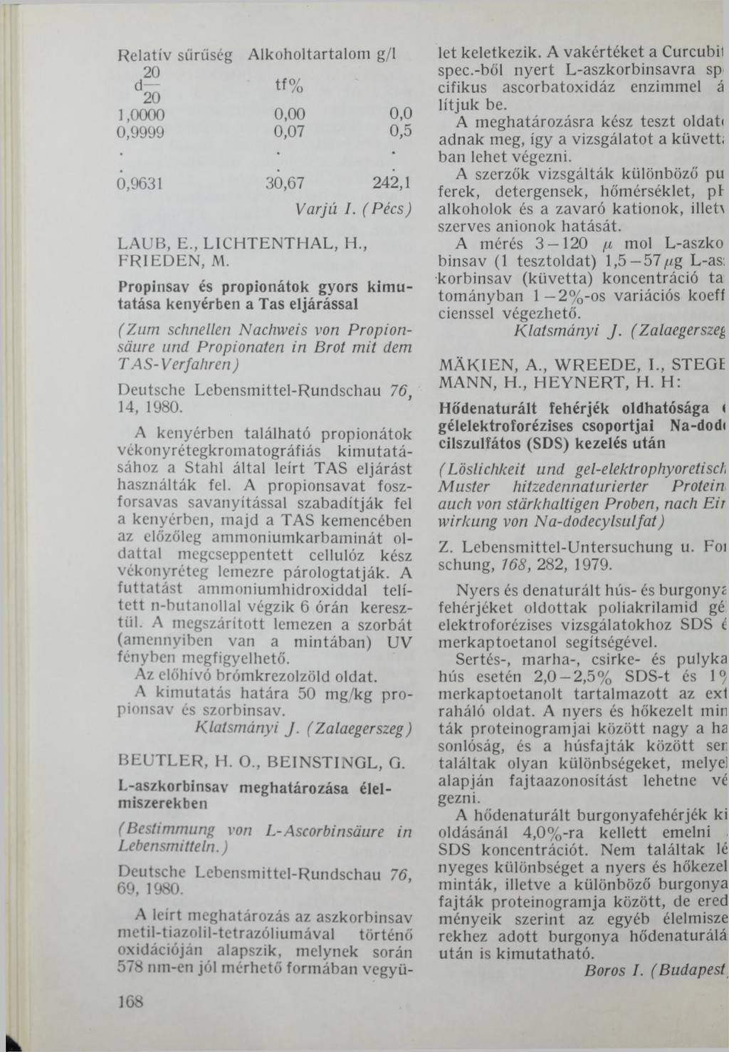 Relatív sűrűség Alkoholtartalom g/1 d tf% 1,0000 0,00 0,0 0,9999 0,07 0,5 0,9631 30,67 242,1 Varjú I. ( Pécs) LAUB, E., LICHTENTHAL, H., FRIEDEN, M.