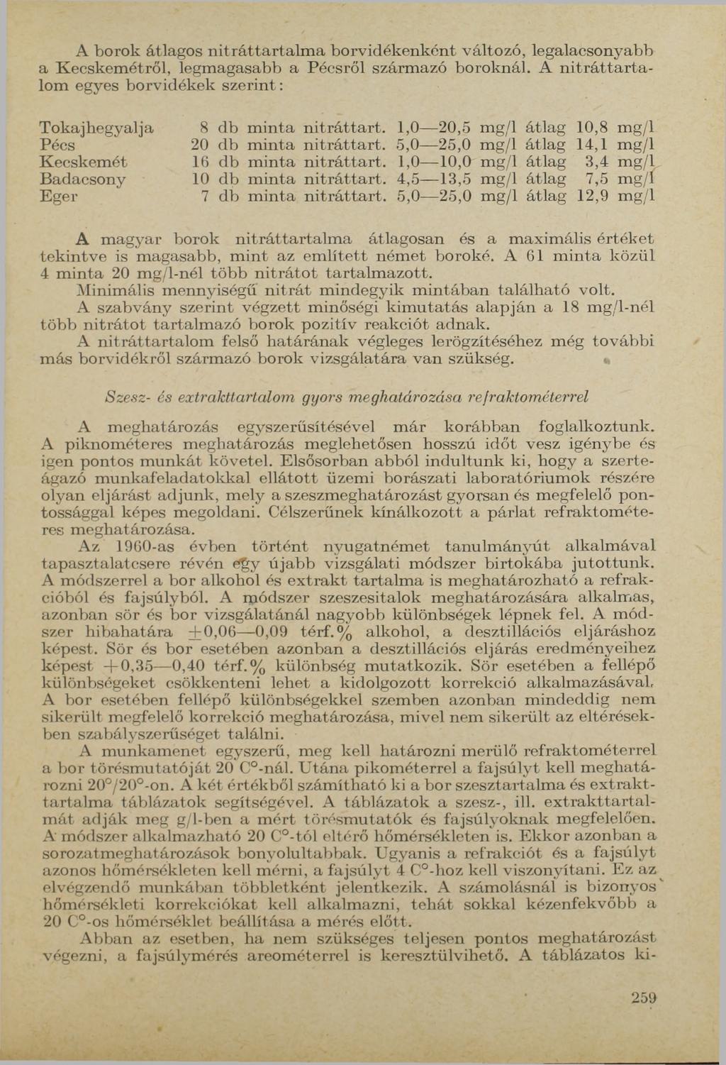 A borok átlagos nitráttartalm a borvidékenként változó, legalacsonyabb a Kecskemétről, legmagasabb a Pécsről származó boroknál.