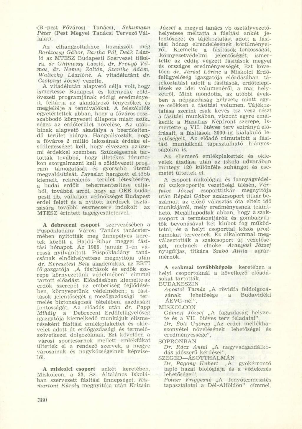 (B.-pest Fővárosi Tanács), Schumann Péter (Pest Megyei Tanácsi Tervező Vállalat).