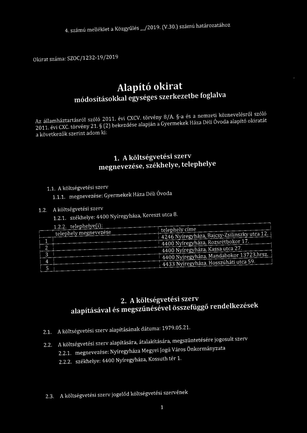 A költségvetési szerv megnevezése, székhelye, telephelye 1.1. A költségvetési szerv 1.1.1. megnevezése: Gyermekek Háza Déli Óvoda 1.2. A költségvetési szerv 1.2.1. székhelye: 4400 Nyíregyháza, Kereszt utca 8.