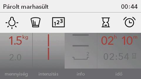 A tömeg és az átsültségi fok módosítható. A beállított értékek piros színnel lesznek láthatók.