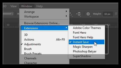 telepített összetevőt :-) Aktiválás Indítsuk el a Photoshopot és kattintsunk a Window Extensions Instant Save (vagy az általunk telepített kiegészítő neve) menüpontra.