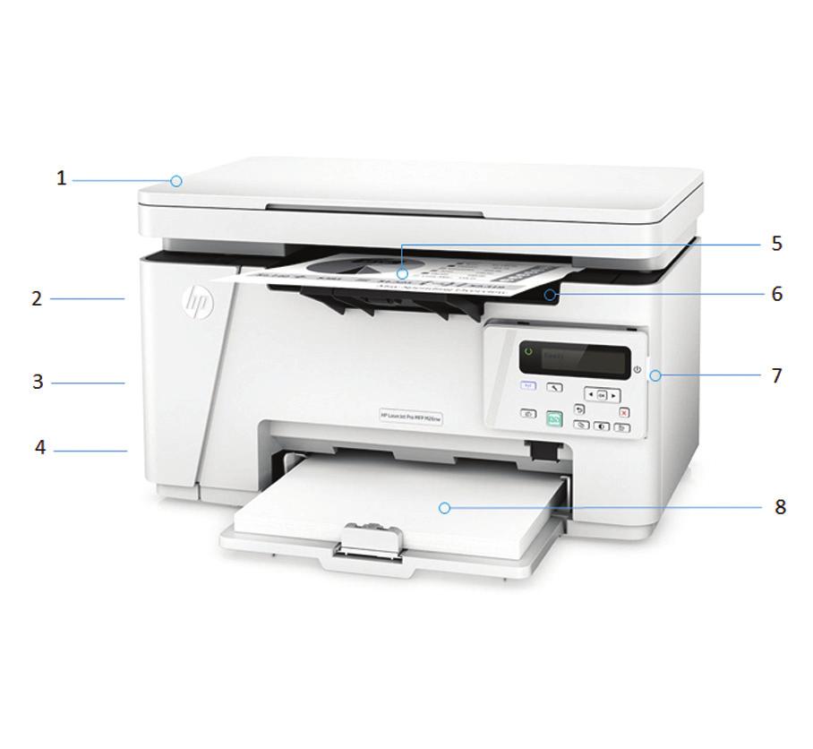 Terméknézetek HP LaserJet Pro M26nw MFP 1. A síkágyas lapolvasó maximum 216 x 297 mm méretű papírt kezel 2. HP eprint, Google Cloud Print, Mopria-tanúsítvány, vezeték nélküli közvetlen nyomtatás 3.