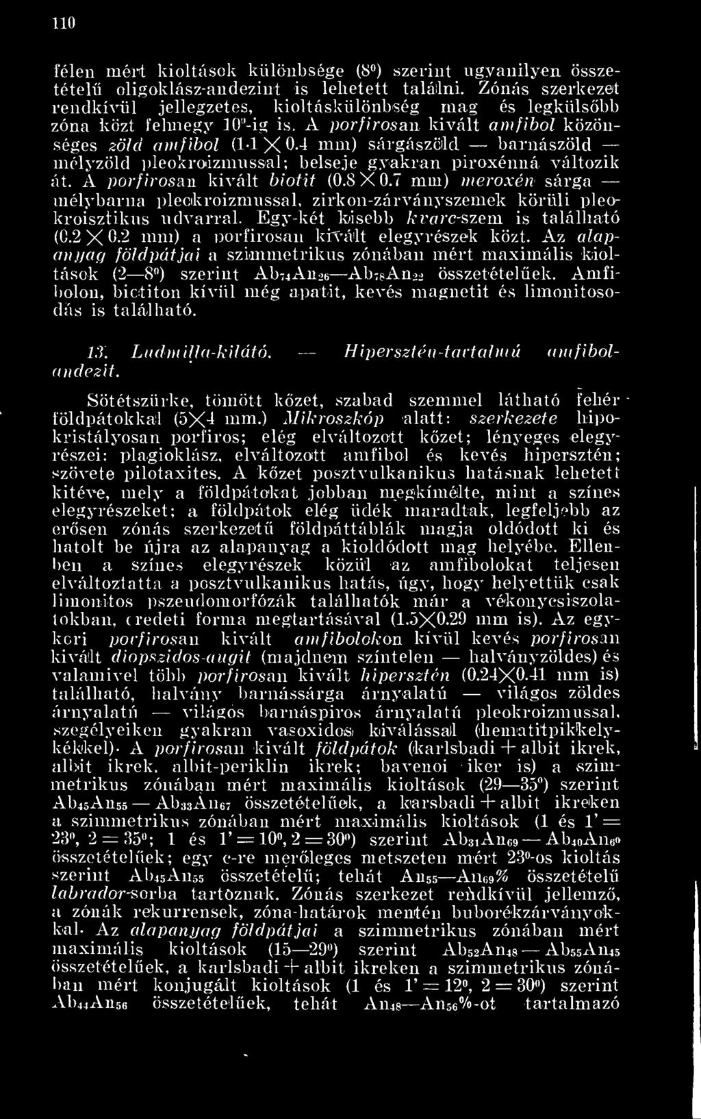 4 mm) sárgászöld barnászöld mélyzöld pleokrolzmussal; belseje gyakran piroxénná változik át. A porfirosan kivált biotit (0.8 X 0.7 mm) meroxén sárga mély barna pleckroizmussal.