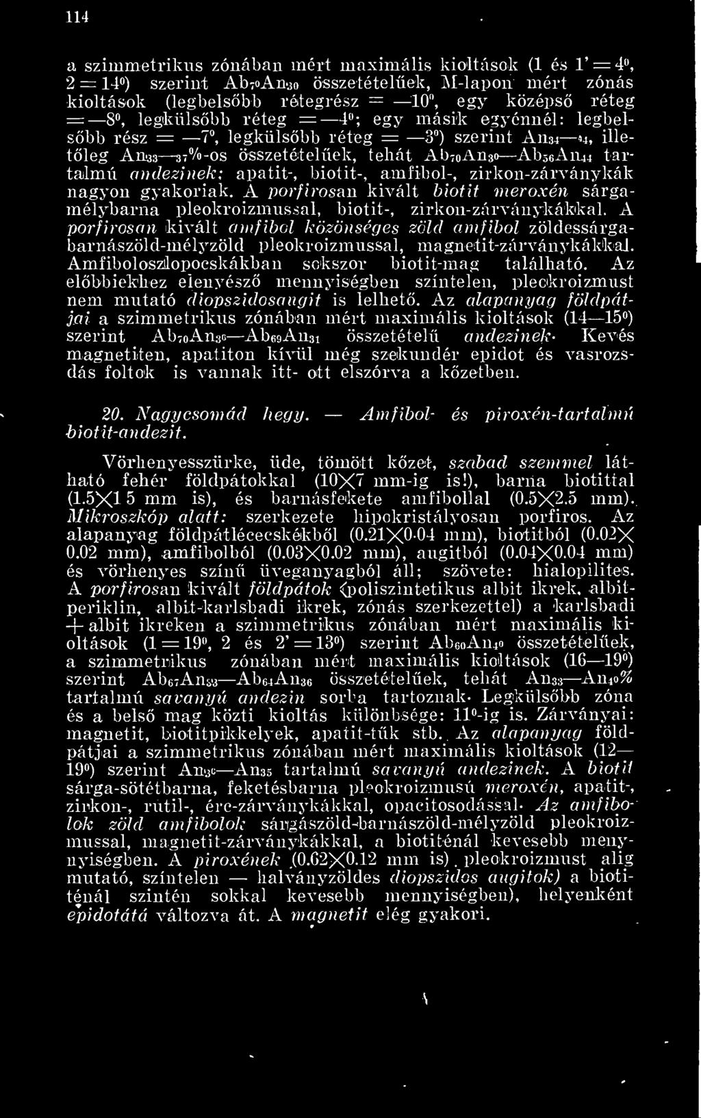 amfibol-, zirkon-zárványkák nagyon gyakoriak. A porfirosan kivált biotit meroxén sárgamélybarna pleokroizmussal, biotit-, zirkon-zárványkákkal.