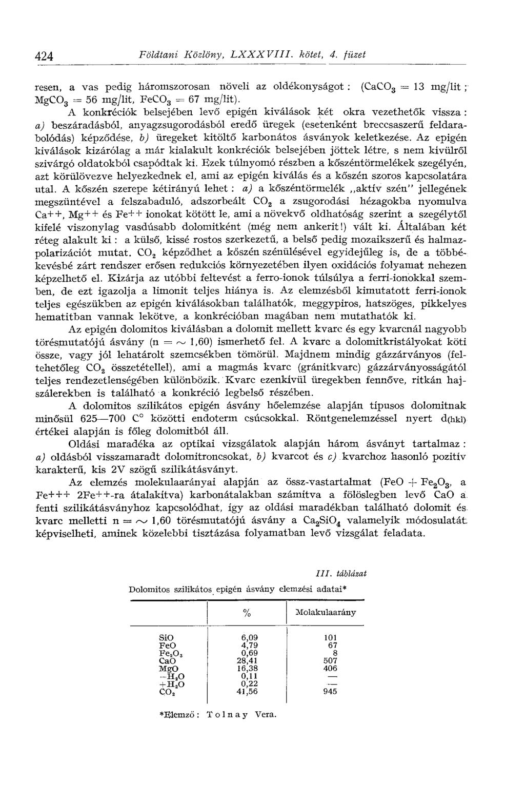 424 Földtani Közlöny, LXXXVIII. kötet, 4. füzet résen, a vas pedig háromszorosan növeli az oldékonyságot : (CaC0 3 = 13 mg/lit; MgC0 3 = 56 mg/lit, FeC0 3 = 67 mg/lit).