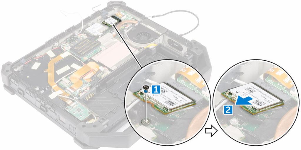 A WLAN-kártya beszerelése 1. Csúsztassa be a WLAN-kártyát a foglalatba. 2. Húzza meg a WLAN-kártyát rögzítő csavart. 3. Az antennakábeleket csatlakoztassa a WLAN-kártyához. 4.