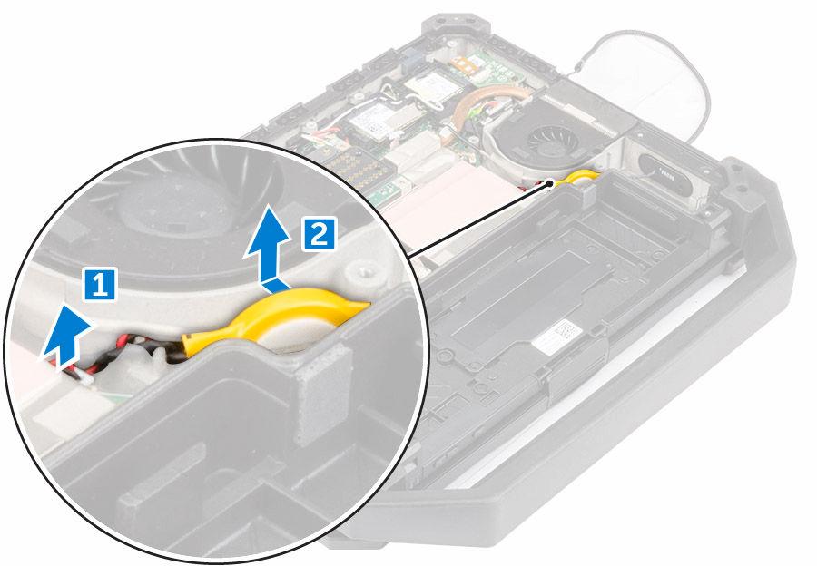 5. Vezesse el az antennakábelt, és csatlakoztassa a WLAN-kártyán lévő csatlakozóhoz. 6. Ragassza fel a szalagot, amely az antennakábelt rögzíti. 7. Szerelje be az alábbiakat: a. dokkolókártya b.