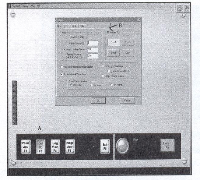 2. ábra: Beállítás)>>RF odem port. Nyomja meg az F2-t (a), a Set Up dialógus box aktíválásához és válassza ki a kommunikációs portot, amelyhez a RAELink-et csatlakoztatja (B). 7.