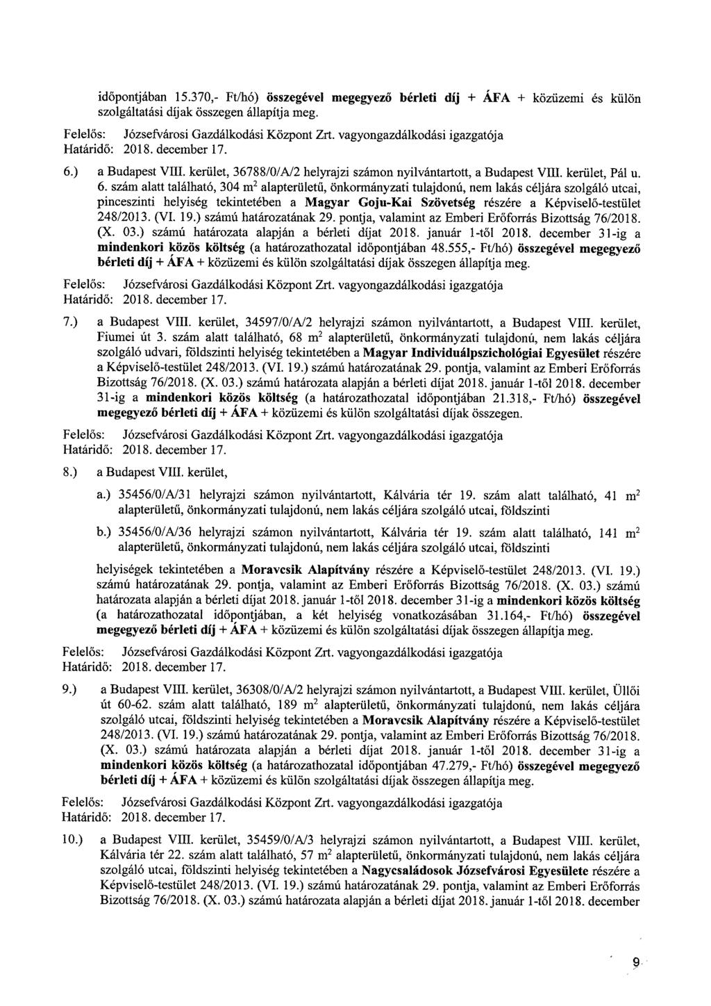 időpontjában 15.370,- Ft/hó) összegével megegyező bérleti díj + ÁFA + közüzemi es külön szolgáltatási díjak összegen állapítja meg. Felelős: Józsefvárosi Gazdálkodási Központ Zrt.