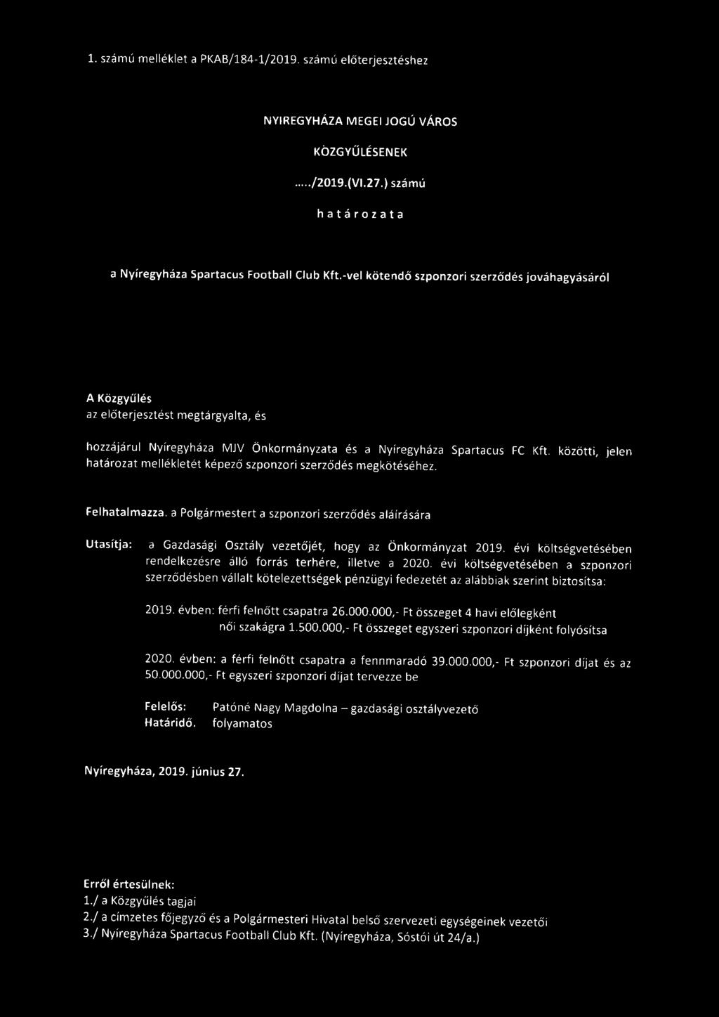 1. szá mú melléklet a PKAB/184-1/2019. számú előterjesztéshez NYÍREGYHÁZA MEGEI JOGÚ VÁROS KÖZGYŰLÉSÉNEK./2019.(Vl.27.) számú határozata a Nyíregyháza Spartacus Football Club Kft.